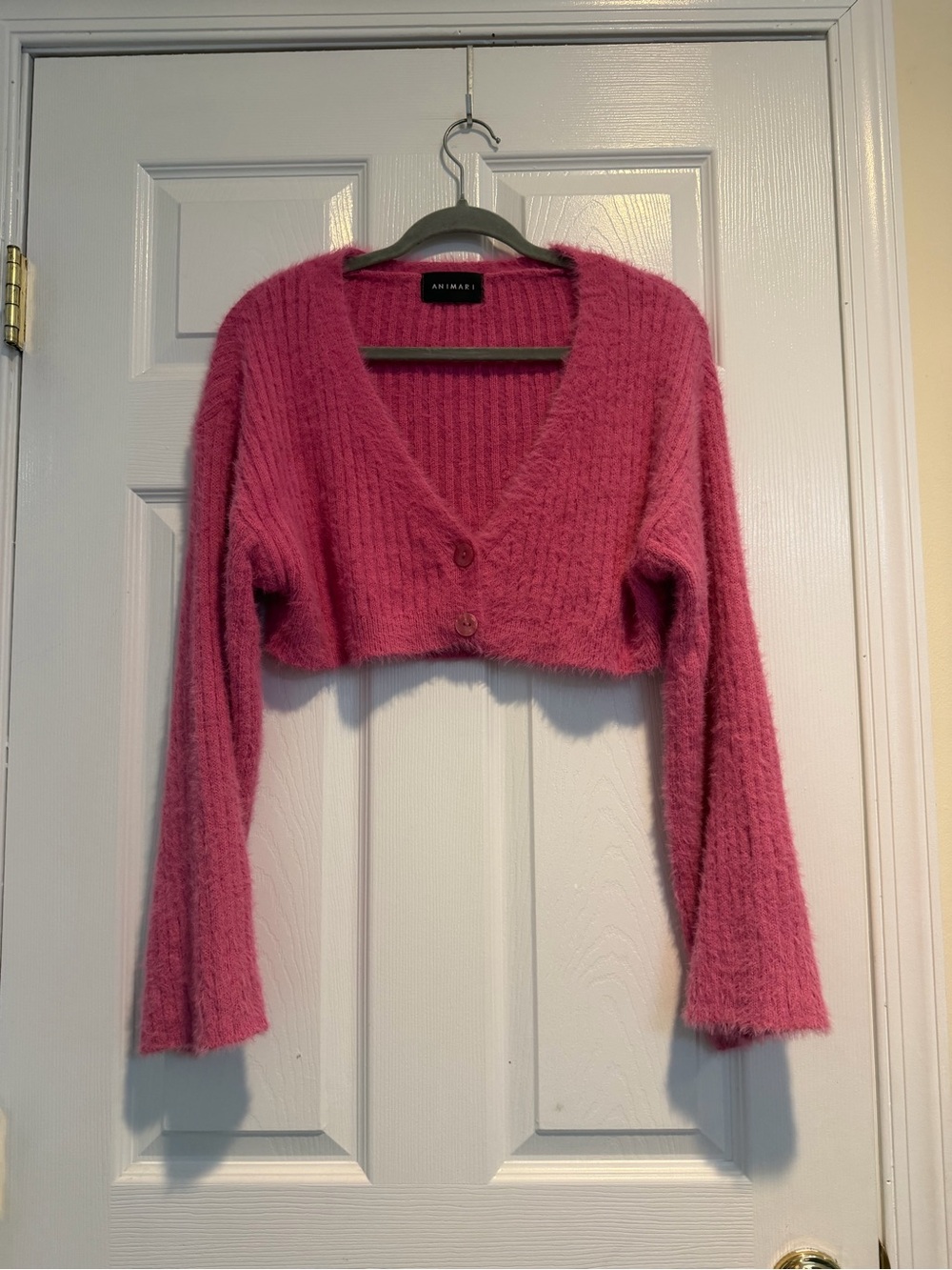 Angie Hot Pink Cropped V-Neck Fuzzy Cardigan